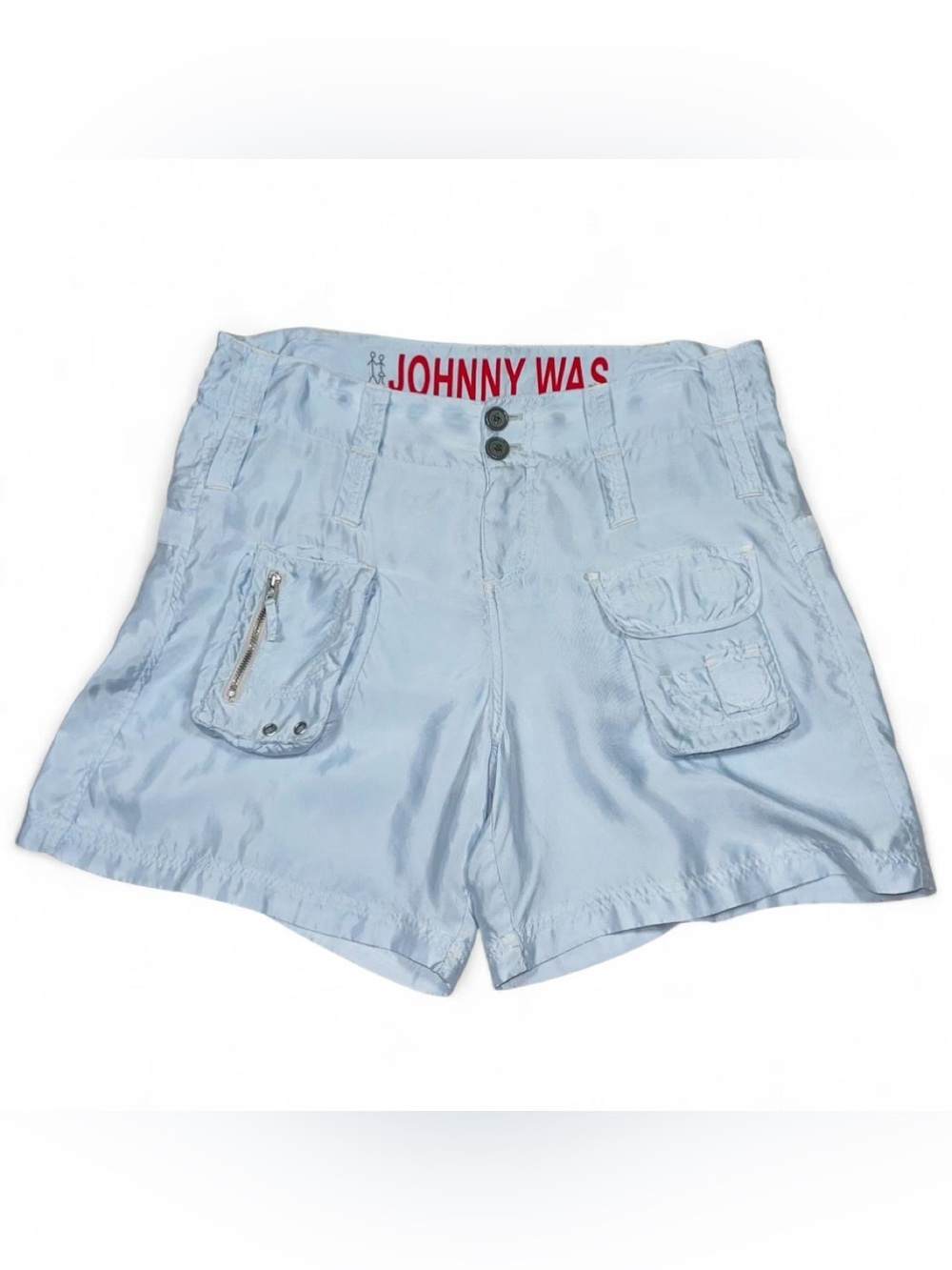 JOHNNY WAS Baby Blue Satin Cargo Shorts Women’s Size 6 W32 L6 Zipper Pockets
